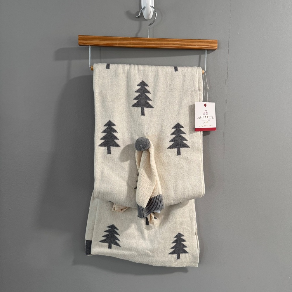 Queen West Trading Co Kids Cotton Throw Blanket and Cap Set Pine Tree Cream Gray